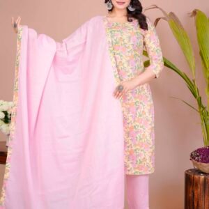 Women's Pink Cotton Printed Straight Kurti with Pant & Dupatta Set