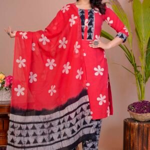 Women's Red Cotton Printed Straight Kurti with Pant & Dupatta Set