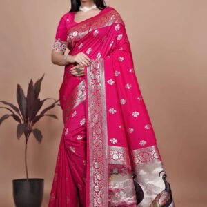 Majestic Magenta Silk Saree with Silver Zari & Twin Peacock Pallu | Wedding, Festive & Traditional Wear