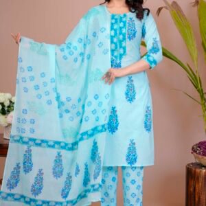 Women's Light Blue Cotton Printed Straight Kurti with Pant & Dupatta Set