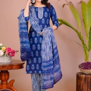 Women's Blue Cotton Printed Straight Kurti with Pant & Dupatta Set